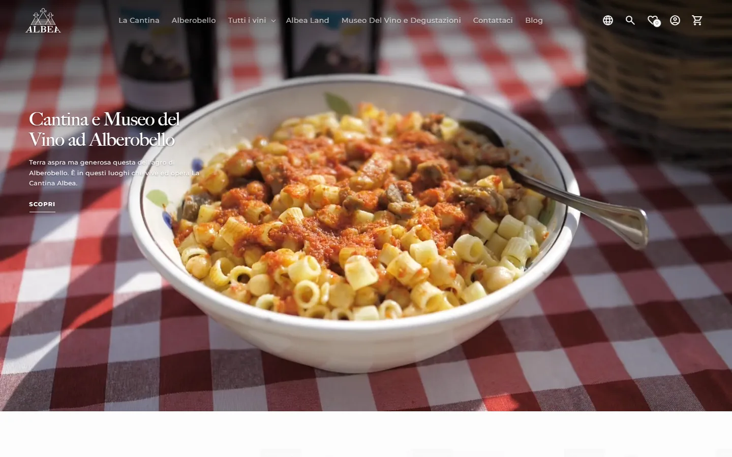 Albea homepage with a plate of pasta on a checked tablecloth