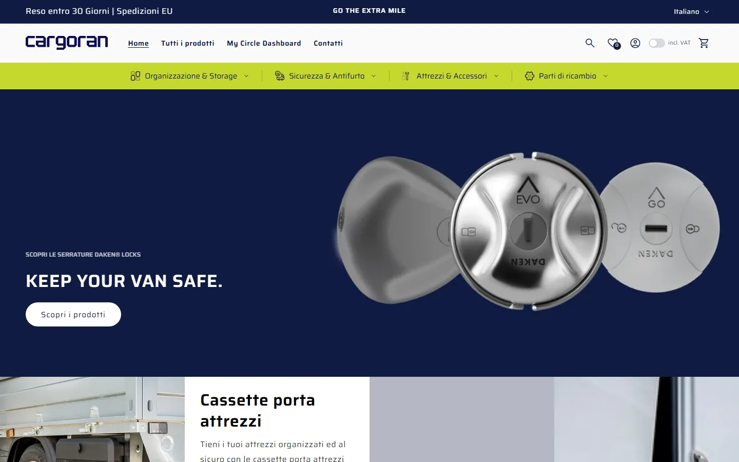 Cargoran homepage with van security locks on a navy background