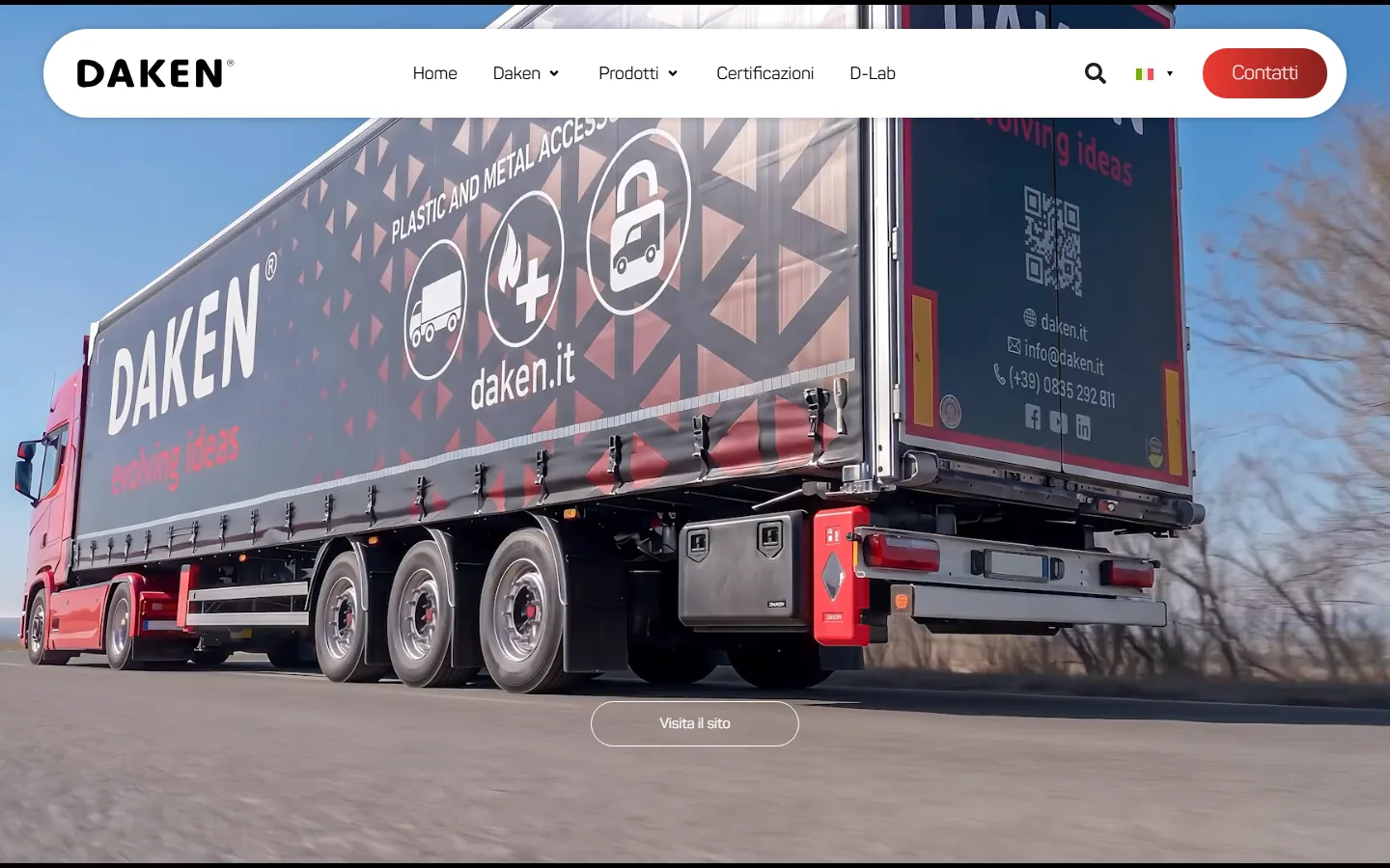 Daken homepage with a red and white Daken truck on the road