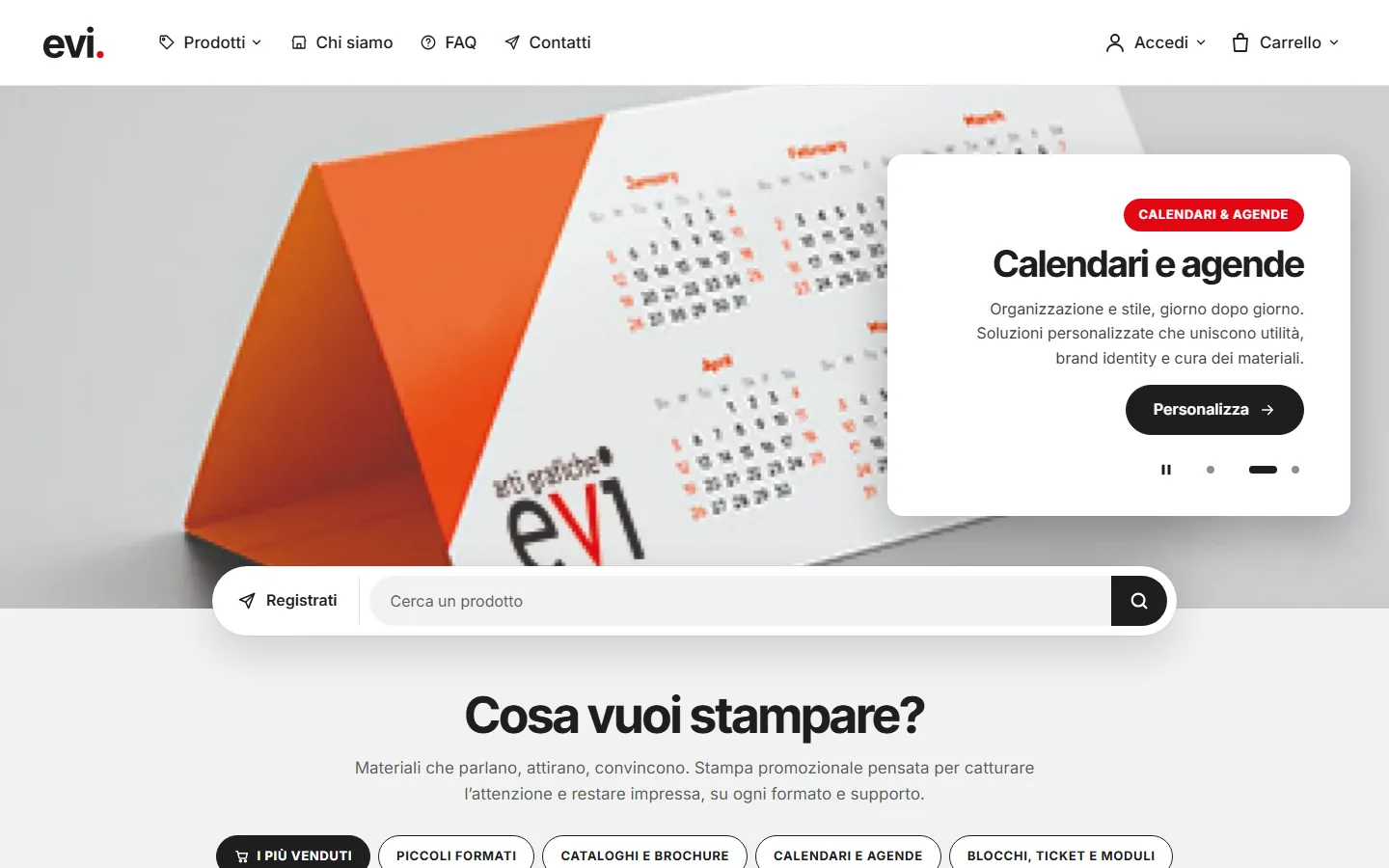 EVI Arti Grafiche homepage with printed calendars and the EVI logo