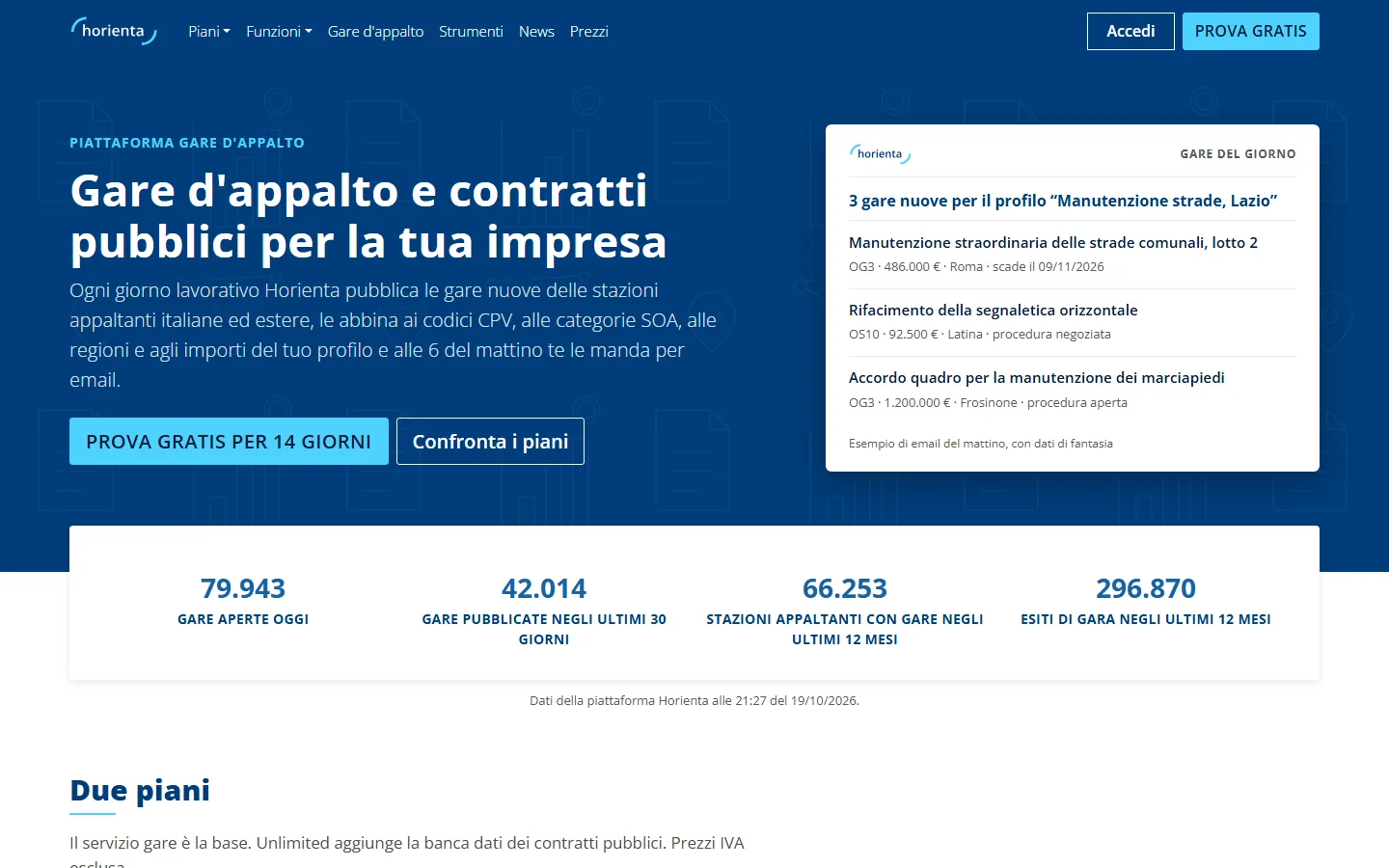 Horienta homepage with daily public tenders and platform figures