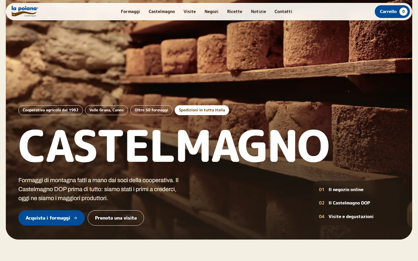 La Poiana homepage with wheels of Castelmagno cheese on wooden shelves