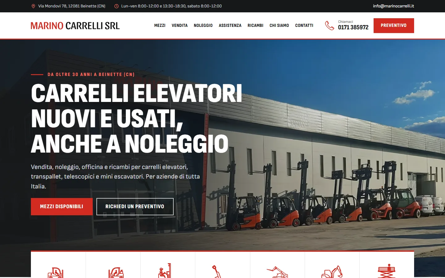 Marino Carrelli homepage with rows of forklifts in front of the warehouse