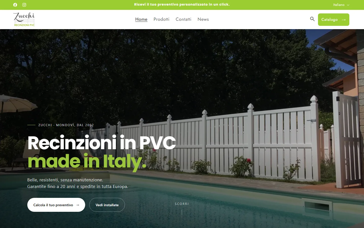 Zucchi homepage with a white PVC fence beside a pool