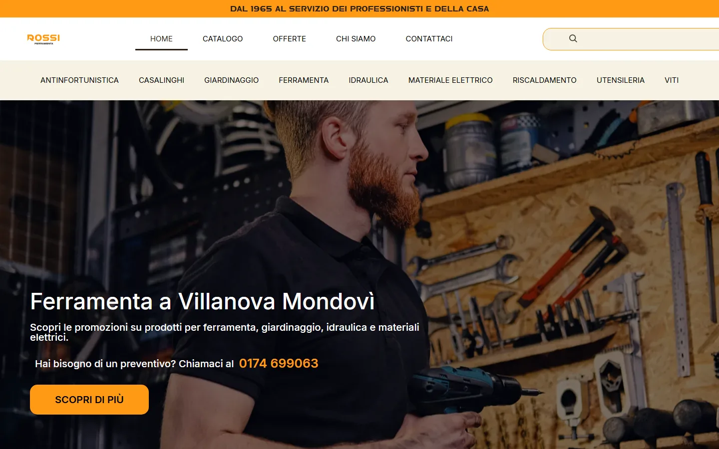 Rossi Ferramenta homepage with a craftsman holding a drill
