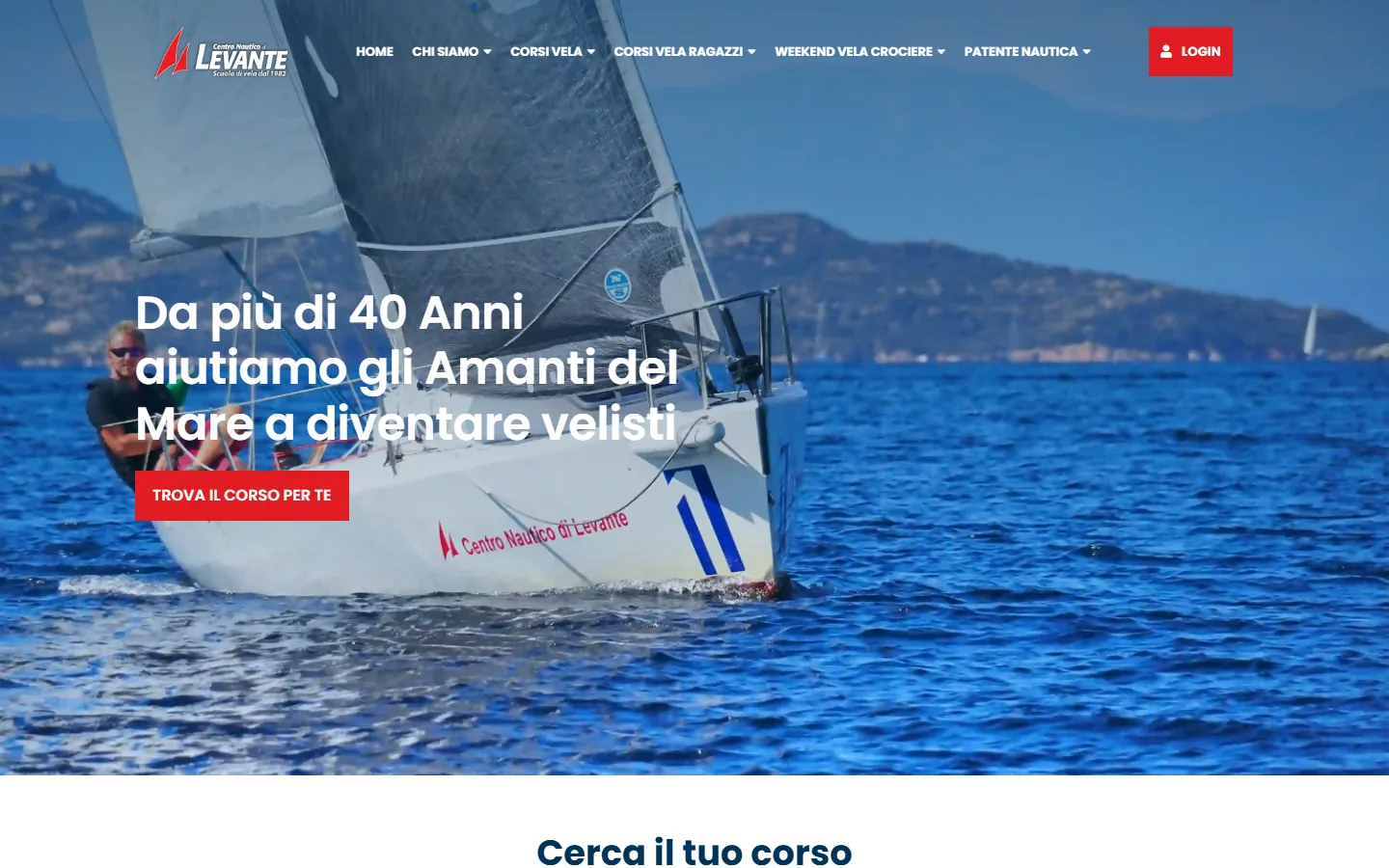 Centro Nautico di Levante homepage with a sailing boat heeling at sea